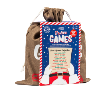 Festive Games packaging with a brown drawstring bag on a white background