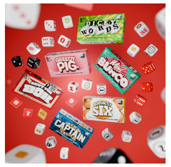 Collection of board game boxes and dice on a red background