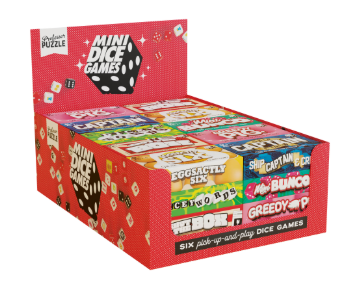 Box of Mini Dice Games with colorful packaging on a white background