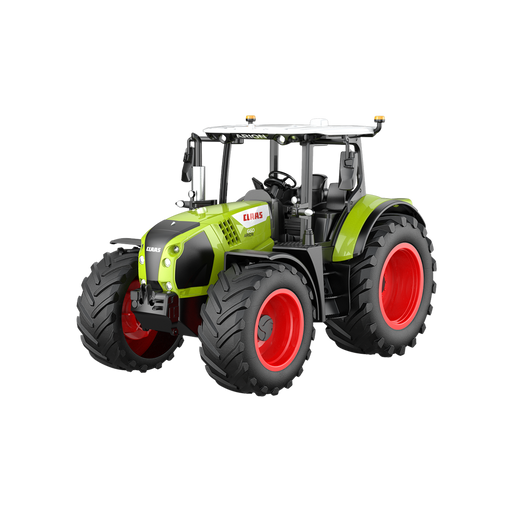 Model of a green and black tractor with red wheels on a white background