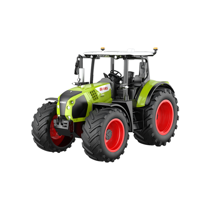Model of a green and black tractor with red wheels on a white background