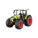 Model of a green and black tractor with red wheels on a white background