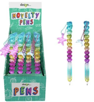 Novelty pens with colorful beads and starfish charm displayed in front of packaging.