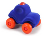 Toy car with blue body and orange wheels on a white background