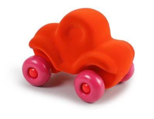 Toy car with orange body and pink wheels on a white background