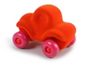 Toy car with orange body and pink wheels on a white background