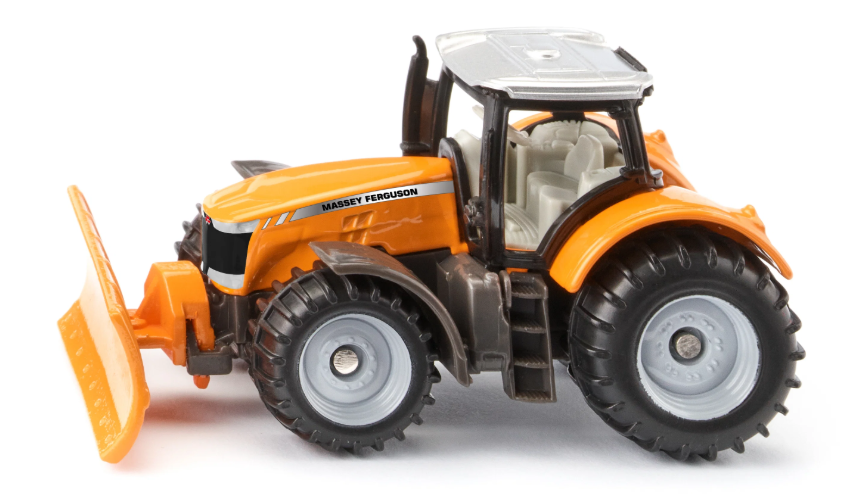 Toy tractor with orange and gray color scheme on a white background
