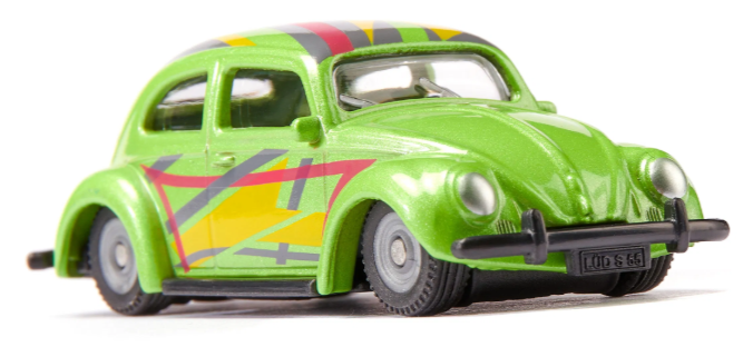 Green toy car with colorful design on a white background