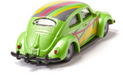 Green toy car with colorful stripes on a white background