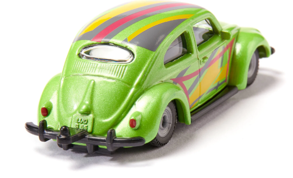 Green toy car with colorful stripes on a white background