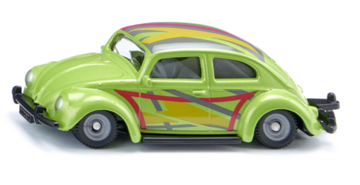 Green model car with colorful stripes on a white background