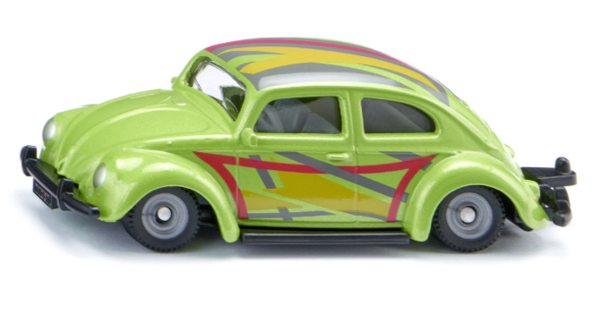 Green model car with colorful stripes on a white background