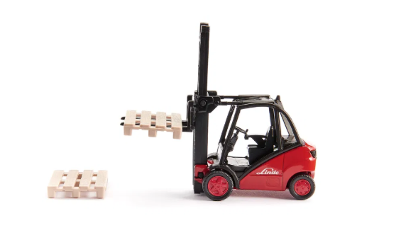 Red and Black metal die cast forklift with pallets