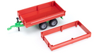 Red toy trailer with green axles on a white background