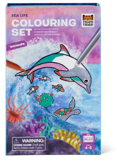 Sea life coloring set packaging with dolphin illustration and Tiger Tribe branding.