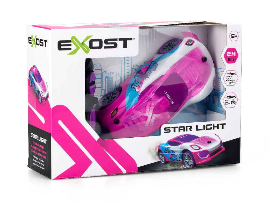 Exost toy car packaging with pink and purple design on a white background