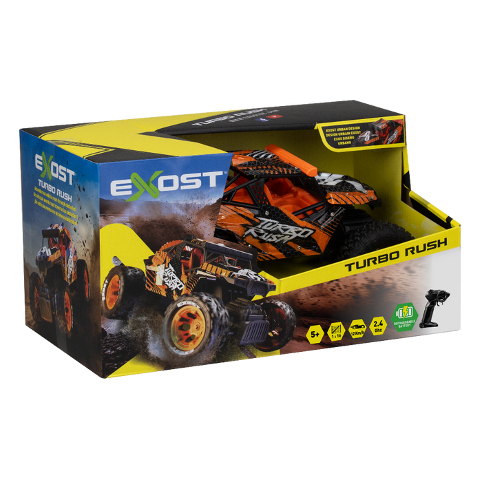 Exost Turbo Rush toy vehicle packaging on a white background