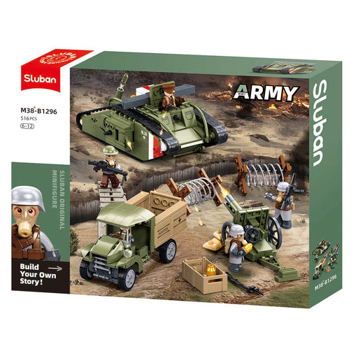 Sluban Army toy set packaging with green tank and soldiers on a white background