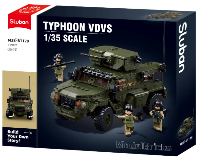 Sluban Typhoon VDVS model kit packaging with vehicle and figures on a dark blue background