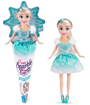 Frozen Elsa doll with blue dress and star-shaped hair accessory, next to packaging.
