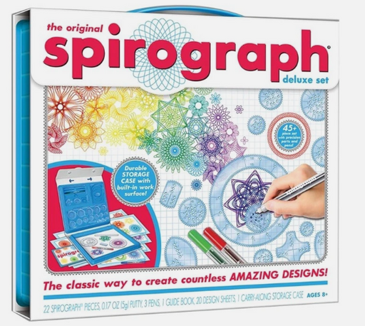 Spirograph deluxe set packaging with colorful designs and text on a white background