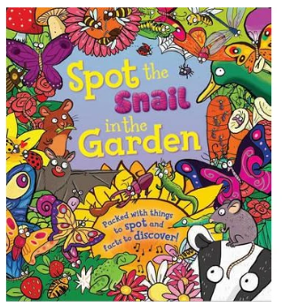 Colorful book cover of 'Spot the Snail in the Garden' with various animals and plants.