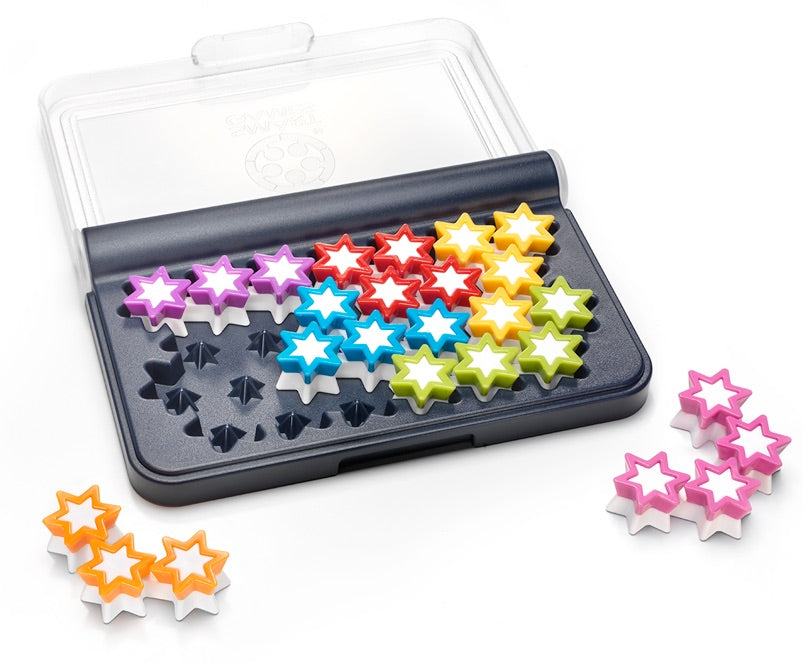 Colorful star-shaped ice cube trays with a clear plastic lid on a white background