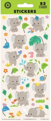 Pack of stickers with cartoon elephants and colorful elements on a green background