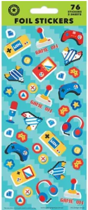 Foil stickers with gaming-themed designs on a blue background