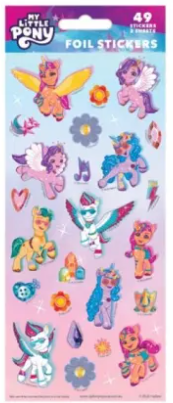 Sheet of My Little Pony foil stickers with various characters on a pink background
