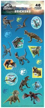 Pack of Jurassic World stickers with various dinosaur illustrations on a blue background