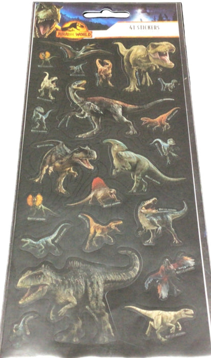 Sheet of dinosaur stickers on a black surface with another sheet of Barbie stickers partially visible.