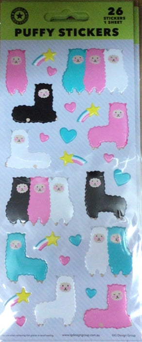 Pack of puffy stickers with llama designs on a wooden surface