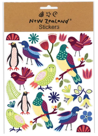 Pack of New Zealand stickers featuring birds and flowers on a brown backing.