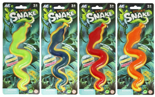 Four packages of Sticky Snake toys with different colors on a green leafy background.