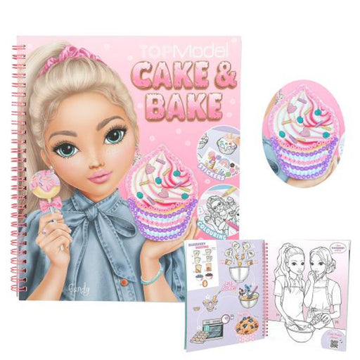 Model Cake & Bake book with a doll illustration and cake images on a pink background
