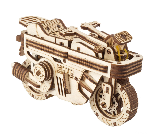 Wooden motorcycle model puzzle on a white background