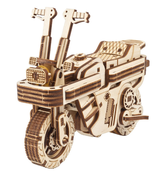 Wooden motorcycle model puzzle on a white background