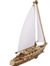 Wooden sailboat model with white sails on a white background