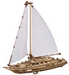 Wooden sailboat model with white sails on a white background
