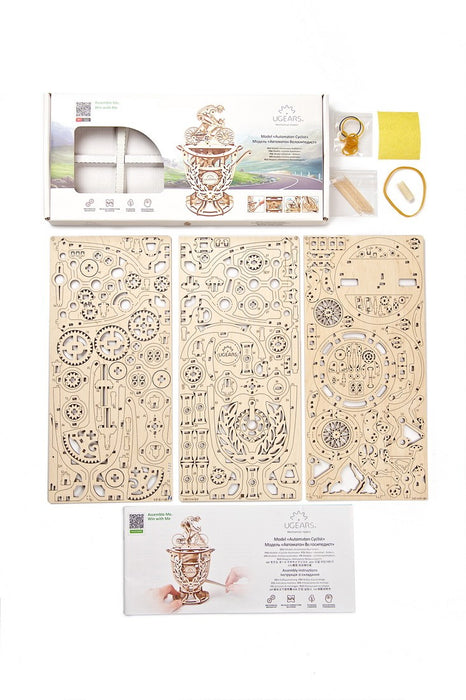 Wooden puzzle with intricate designs and packaging on a white background
