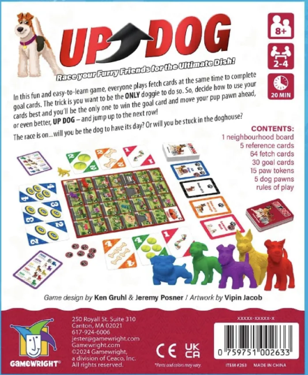 Back of a board game packaging for 'UP DOG' with colorful illustrations and text.