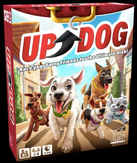 Board game box for 'Up Dog' with cartoon dogs and colorful design.