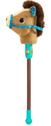 Plush toy horse head with a blue bridle on a brown stick