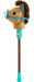 Plush toy horse head with a blue bridle on a brown stick