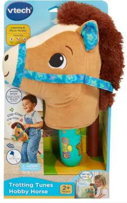 Vtech Trotting Tunes Hobby Horse toy packaging with child holding the toy.