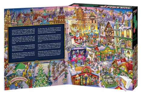 Colorful Christmas advent calendar with a village scene on each day