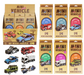 Display of mini vehicle 3D wood puzzle boxes with various vehicle illustrations on a beige background.