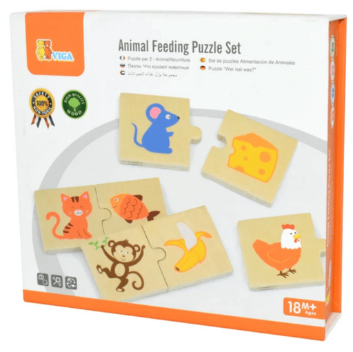 Wooden animal feeding puzzle set packaging with Viga logo