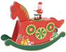 Red rocking horse toy with mechanical gears and a small figure on top, set against a white background.